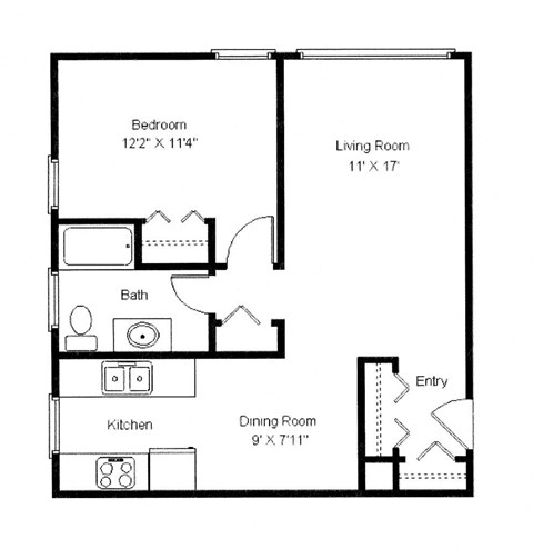 Floor plan for 1 bed, 1 bath, 637 sqft